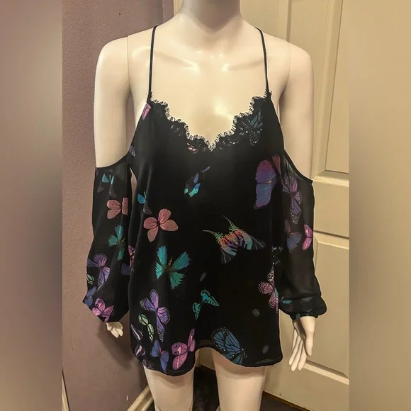 Express Sz S Rainbow Butterfly Blouse Flowy Fairycore Chic Festival Whimsical - Picture 1 of 5